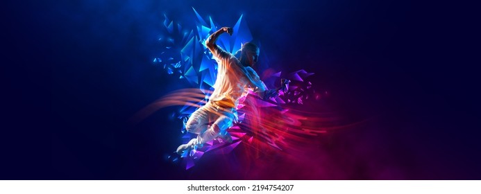 Flyer With Young Stylish Man, Breakdanc Dancer In Motion Over Dark Background With Neon Colorful Elements. Youth Culture, Movement, Street Style And Fashion, Action.