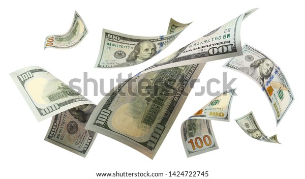 Flying 100 American dollars banknotes, isolated on white background