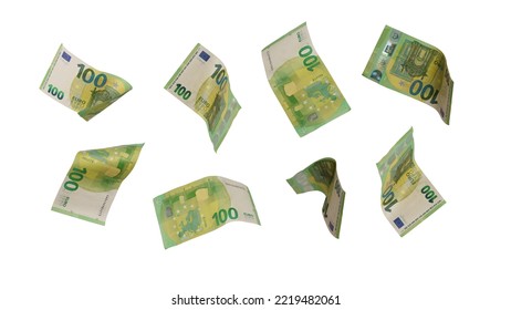 Flying 100 euro cash banknotes isolated on white background. High resolution photo.