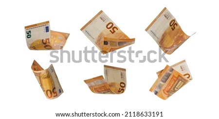 Flying 50 euro cash banknotes isolated on white background