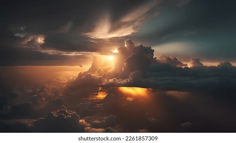 Flying above dramatic sunset cloudscape with sun shining through, detailed picturesque cockpits view of beautiful clouds. - Powered by Shutterstock - Get 15% off with code: PIKWIZARD15