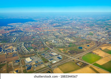 Flying Above Malmo City In Sweden . Swedish Coastal City Aerial View 