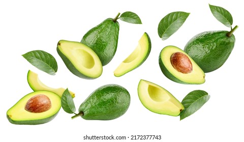 Flying in air Avocado whole and cut in half with leaf isolated on white background. Levitation Avocado Clipping Path. - Shutterstock ID 2172377743