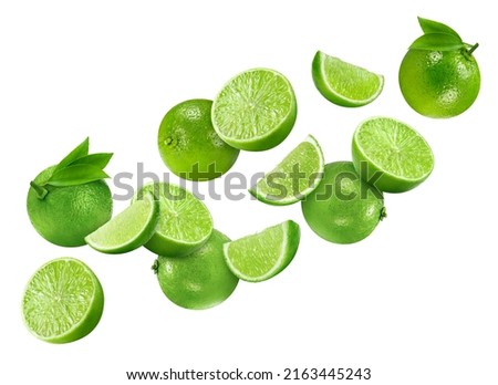 Flying in air Lime collection. Lime with clipping path isolated on a white background. Fresh organic fruit. Full depth of field