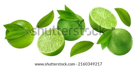 Flying in air lime collection. Set organic lime and leaves isolated on white background. Lime with clipping path