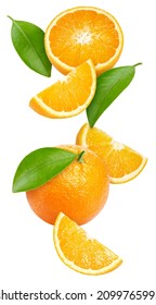 Flying in air Orange fruit with leaves isolate. Orange on white. Orange clipping path. - Shutterstock ID 2099765995