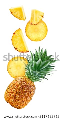 Flying in air pineapple with leaves. Levitation pineapple isolated on white background. Pineapple macro. With clipping path