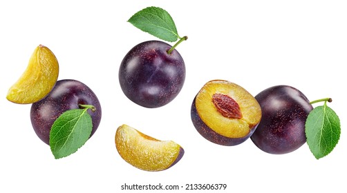 Flying in air Plum. Plum isolated on white background. Plum macro. With clipping path