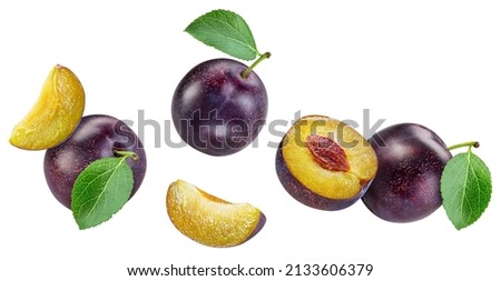 Flying in air Plum. Plum isolated on white background. Plum macro. With clipping path
