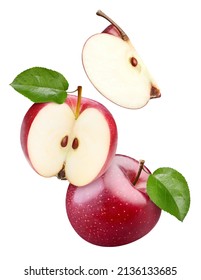 Flying in air Ripe red apple fruits on the white background. Red apple isolated clipping path. Apple macro studio photo