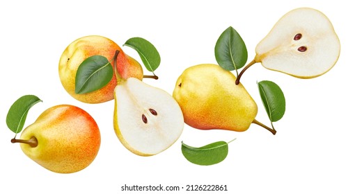 Flying in air yellow pear fruit isolate. Pear on white. Falling pear clipping path. High End Retouching - Shutterstock ID 2126222861