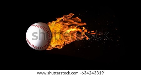 Flying baseball engulfed in trailing flames with sparks flying on a black background. Concept of a fiery competition or fast moving ball.