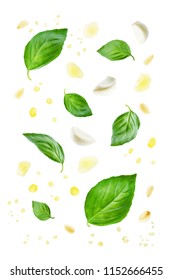 Flying Basil Leaves With Parmesan Cheese, Pine Nuts, Garlic And Oil Spray Isolated