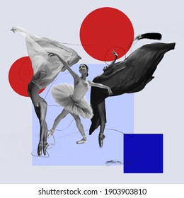 Flying bird. Ballet dancers with flying cloth. Copyspace. Modern design. Contemporary art. Creative conceptual and colorful collage surrealism style. Geometry figures background, red and blue