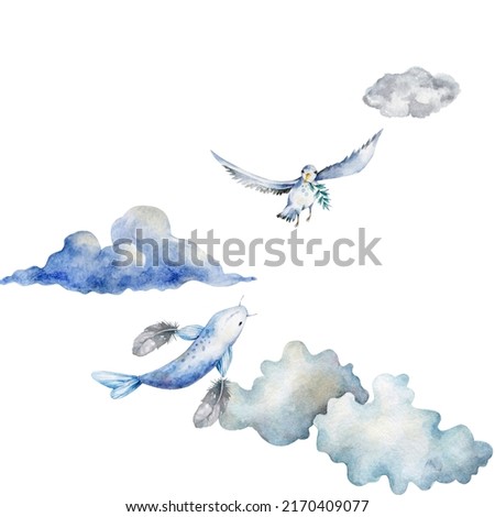 Flying bird and fish watercolor illustration, seagull. A flying bird over the sea. Clouds, fantasy clipart on a white background