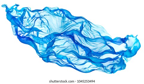 Flying Blue Fabric Wave, Flowing Waving Silk Cloth, Fluttering Waves Material On White Background