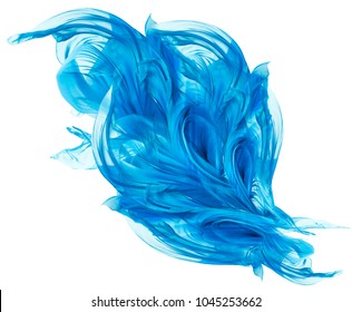 Flying Blue Fabric, Waving Flowing Silk Cloth, Fluttering Abstract Waves Material On White Background