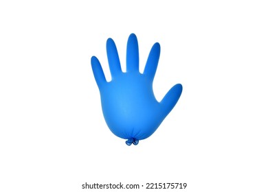 Flying Blue Rubber Surgical Glove As A Balloon On White Background. Minimalism Concept.