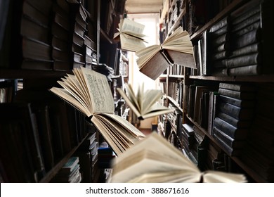 Flying Books On Library Bookshelves Background Stock Photo 388671616