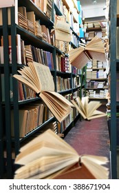 Flying Books On Library Bookshelves Background