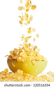 Flying To The Bowl Corn Flakes Isolate On White