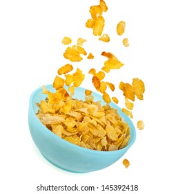 Flying To The Bowl Corn Flakes Isolated On White Background