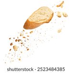 Flying Bread Crumbs isolated. Scattered Bread Crumbs Explosion with Cutting slices of wholegrain wheat bread on white background.