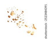 Flying Bread Crumbs isolated. Scattered Bread Crumbs Explosion on white background.
