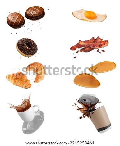 Flying breakfast food items isolated on white background. donuts, omelet, pastry, bacon, pancakes, croissant, cup of tea and coffee isolated on abstract background. mock up and template design.