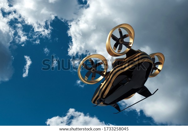 Flying car on a sky background, city electric\
transport drone. Car with propellers, clean air, fast ride. Mixed\
media, copy space