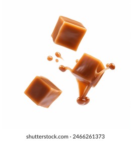 Стоковая фотография: Flying caramel candies isolated on white background. Floating caramel cubes with melting splash of caramel. isolated on white background. 