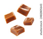 Flying caramel cubes isolated on white background. Floating caramel cubes with melting splash of caramel. isolated on white background. silky melting chocolate caramel.