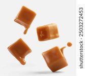 Flying caramel cubes isolated on white background. Floating caramel cubes with melting splash of caramel. isolated on white background. silky melting chocolate caramel.