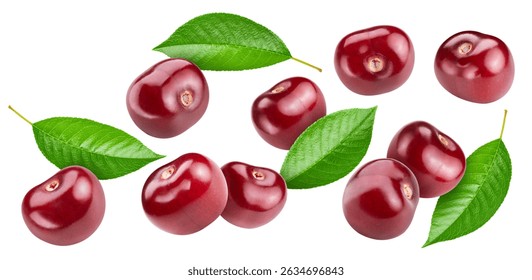 Flying cherry Clipping path. Cherry with leaf. Cherry isolated on white background