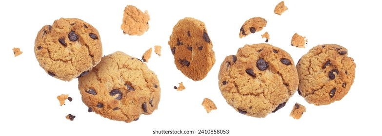 Flying Chocolate chip cookies and crumbs on transparent background png