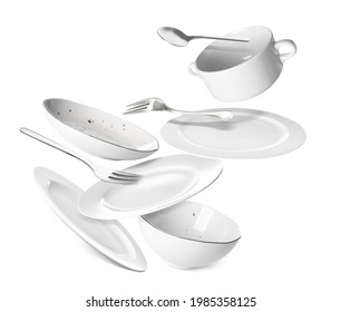 Flying clean tableware on white background - Shutterstock ID 1985358125