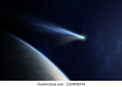 Сomet flying close to planet Earth. Comet flying through space close to the Earth planet. The concept of the apocalypse, armageddon, doomsday. Elements of this image furnished by NASA.