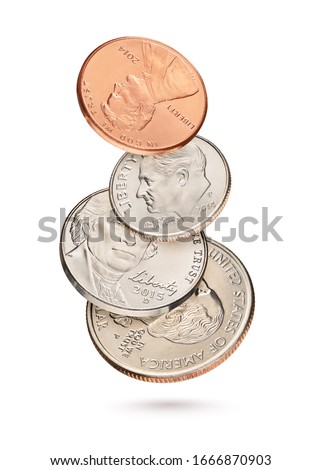 Flying coin stack with US 1, 5, 10, 25 cents isolated in white background