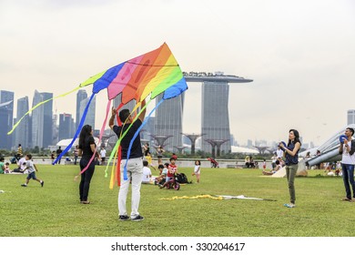 Flying A Colorful Kites In The Meadow In Singapore.  29 March 2014 SINGAPORE