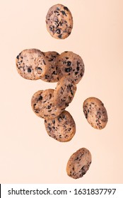 Flying Cookies. Chocolate Chips Falling In Motion 