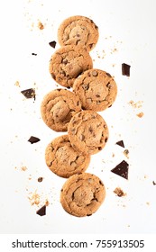 Flying Cookies. Chocolate Chips Falling In Motion 