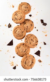 Flying Cookies. Chocolate Chips Falling In Motion 