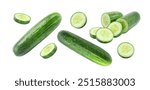 Flying cucumber has water drop with slices pattern isolated  on white background , clipping path.