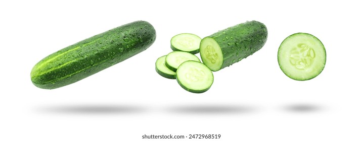 Flying cucumber has water drop with slices collection isolated  on white background.