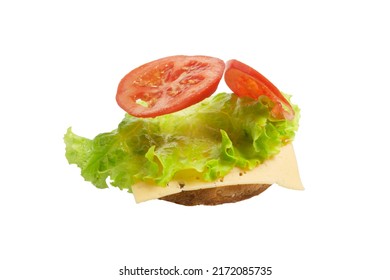Flying deconstructed sandwich made from slices of bread, tomatoes, cheese on a white background. Levitation of a simple sandwich. Isolated. - Shutterstock ID 2172085735