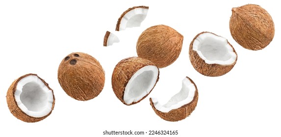 Flying delicious coconuts, isolated on white background