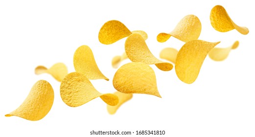 Flying delicious potato chips, isolated on white background