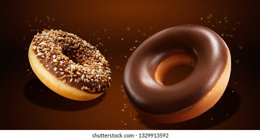 Flying Donuts With Chocolate Glazed, Sprinkled Nuts And Splatters Of Glaze. Sweet Food Concept. Amazing Flyer Donut With Splashes. Advertising Fast Food Concept Poster Doughnut For Sale Or Discount.