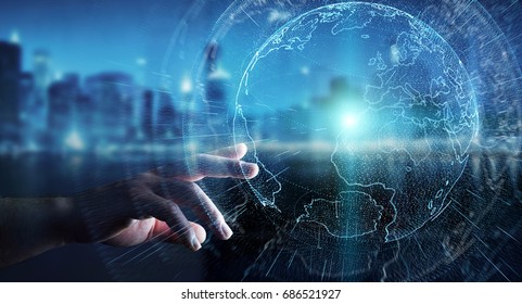Flying earth network interface activated by businessman on blurred background 3D rendering - Shutterstock ID 686521927