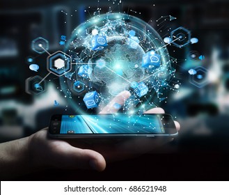 Flying earth network interface activated by mobile phone on blurred background 3D rendering